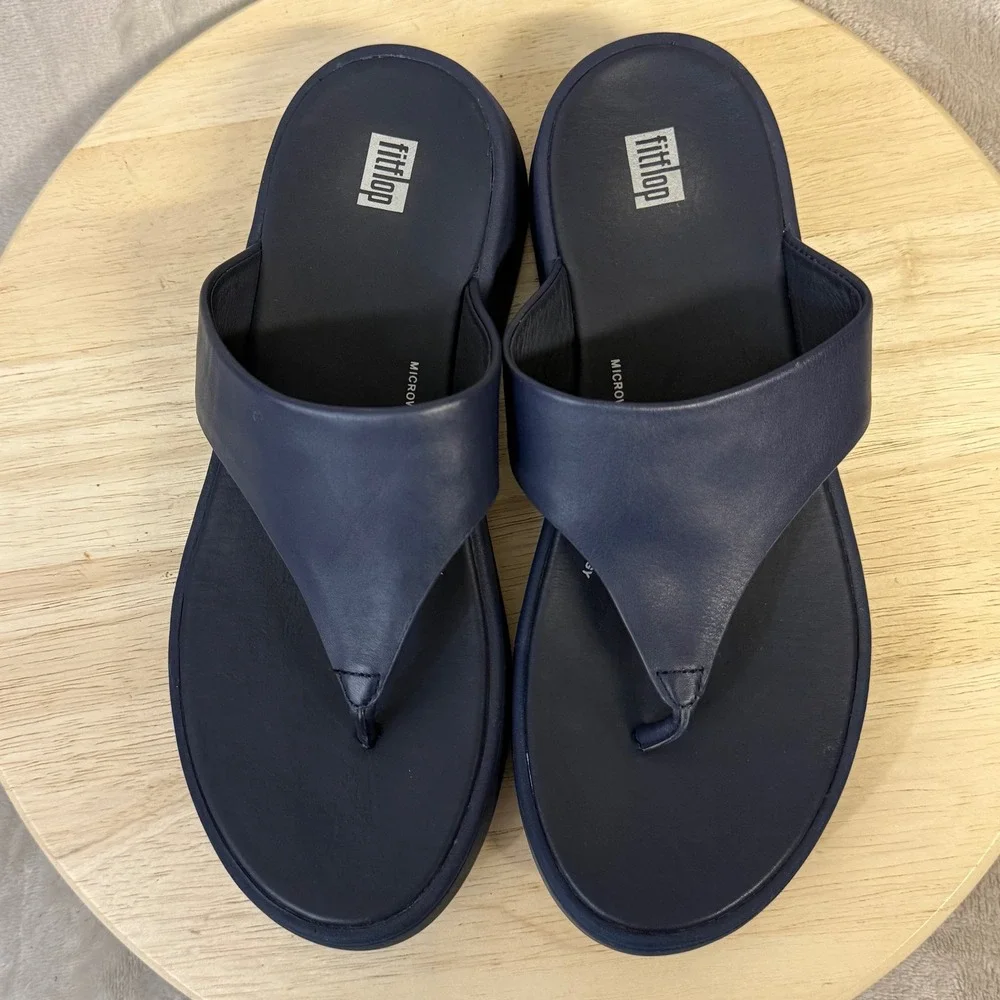 FitFlop Lulu Navy Leather Wedge Sandals Thong Platform FW4-399 Womens 9